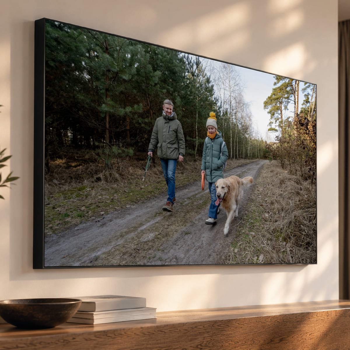 Eigen foto van een gezin met hond als akoestisch paneel met Wallcoustic Frame™ in een woonkamer
