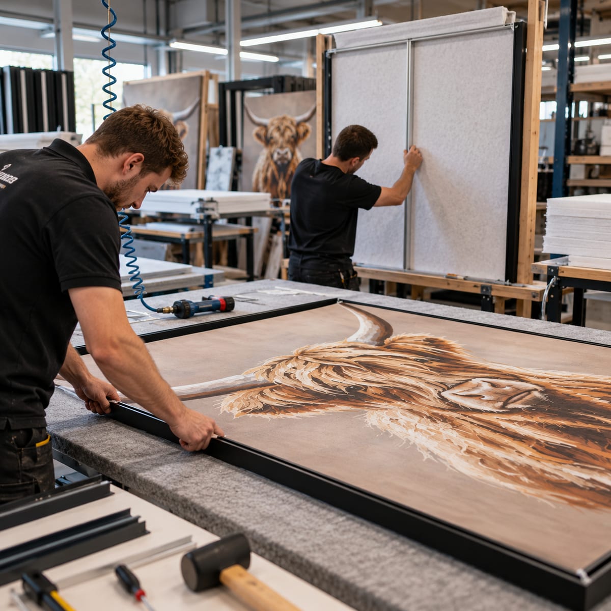 Een bedrukt doek wordt in een Wallcoustic Frame™ gezet, op de achtergrond frames met wit akoestisch vilt
