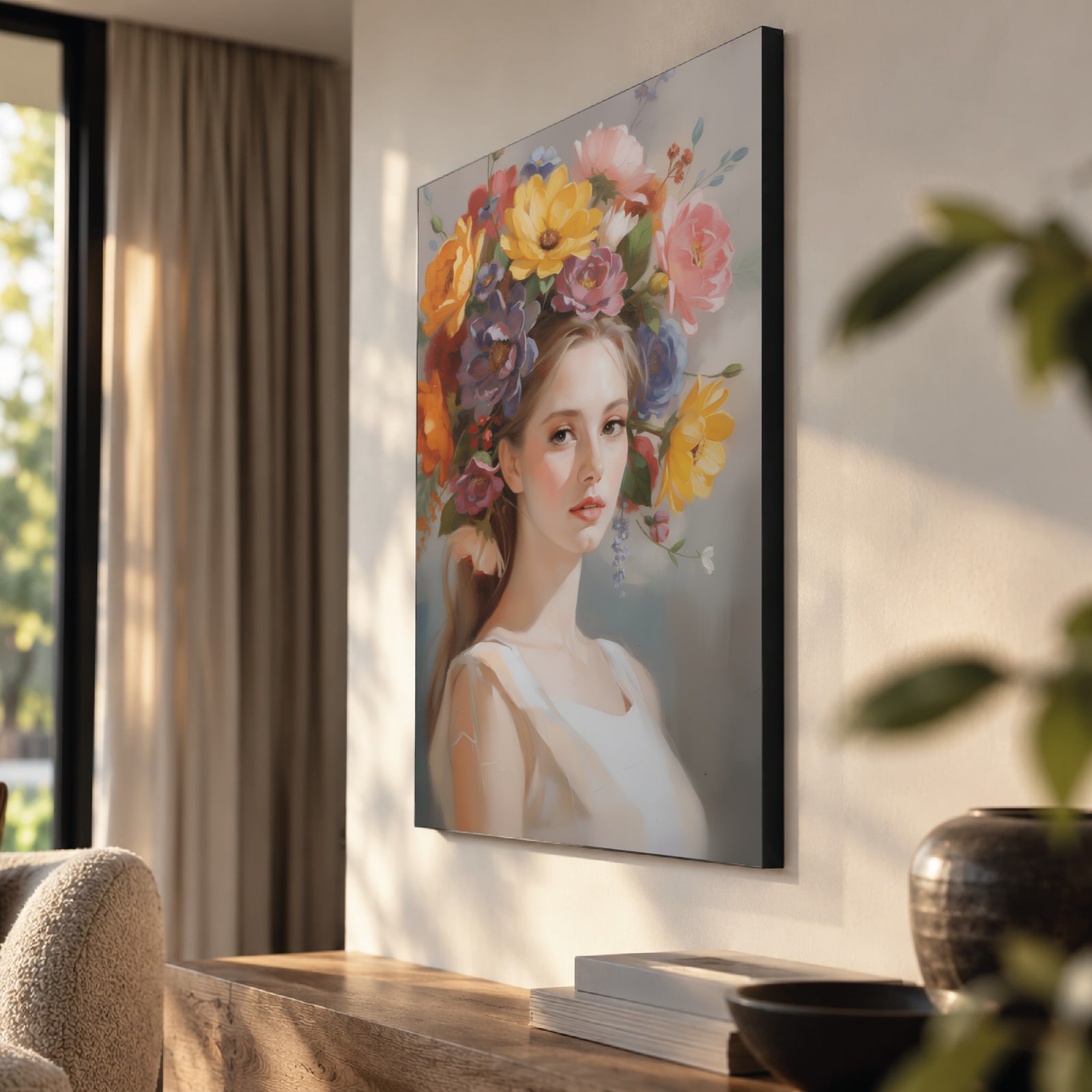 Bloomhair als akoestisch paneel met Wallcoustic Frame™ in een woonkamer