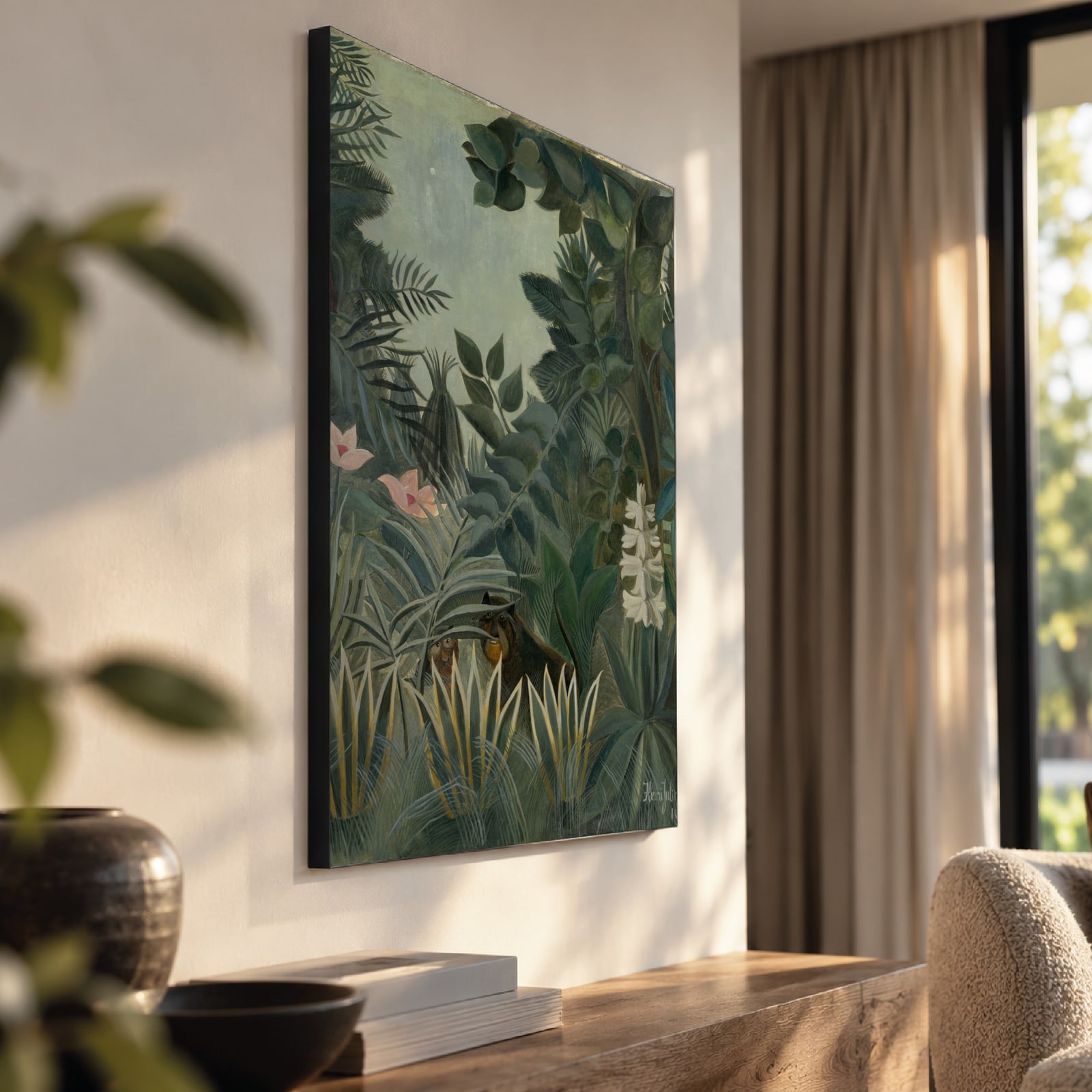 De evenaarsjungle (Rousseau) als akoestisch paneel met Wallcoustic Frame™ in een interieur