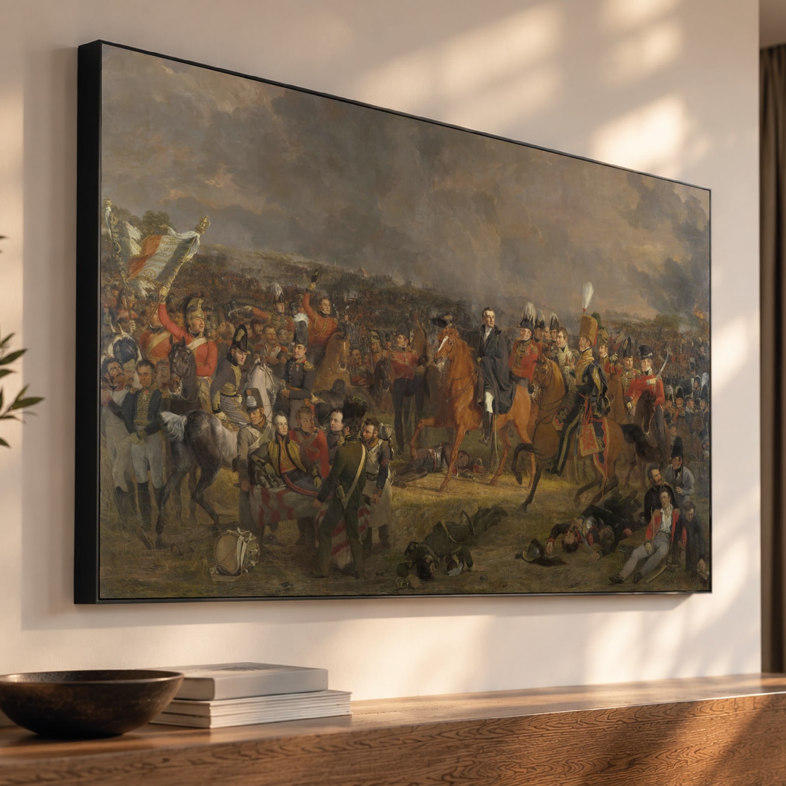 De slag bij Waterloo (Pieneman) als akoestisch paneel met Wallcoustic Frame™ in een interieur