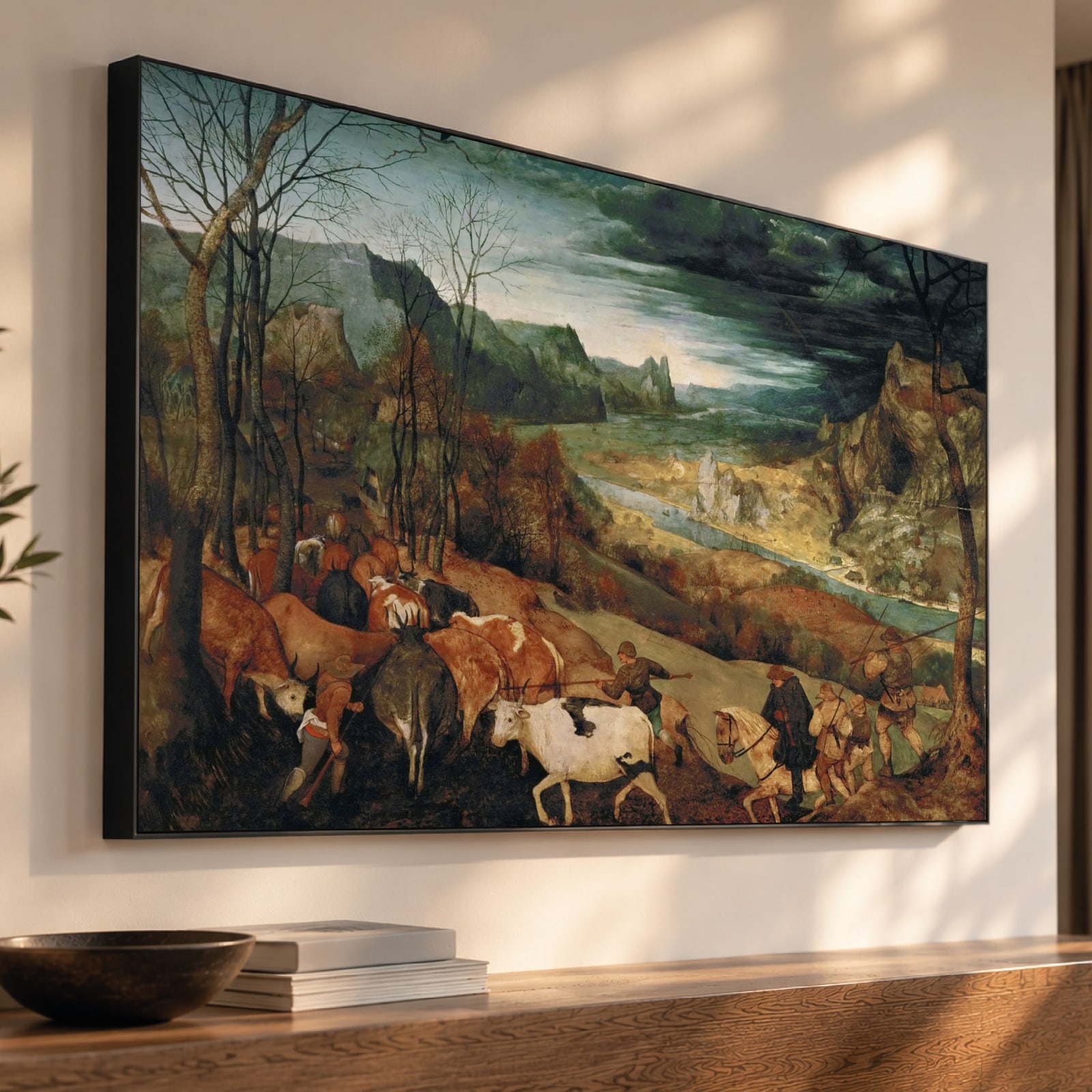 De terugkeer van de kudde (Bruegel) als akoestisch paneel met Wallcoustic Frame™ in een interieur