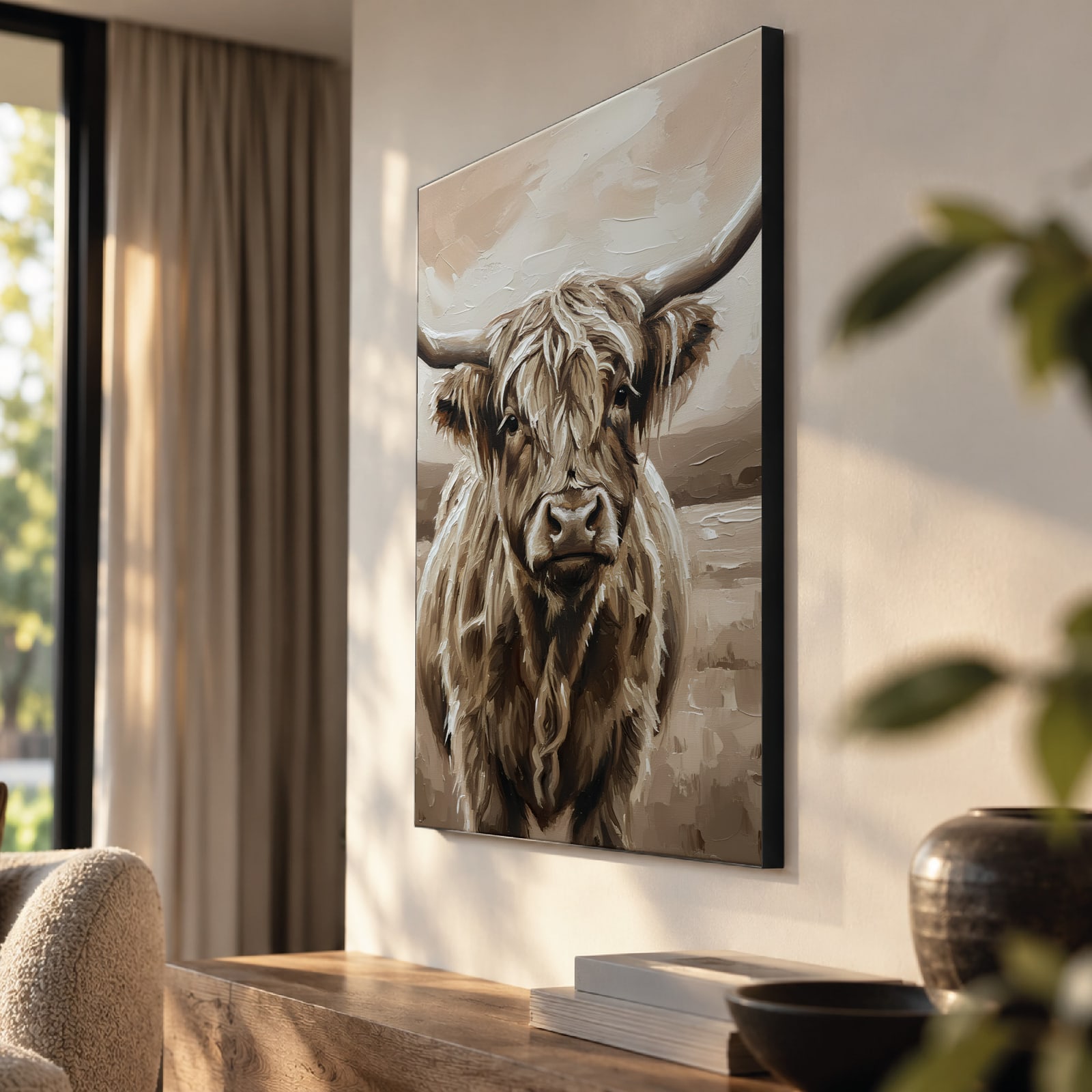 Painted highlander als akoestisch paneel met Wallcoustic Frame™ in een woonkamer