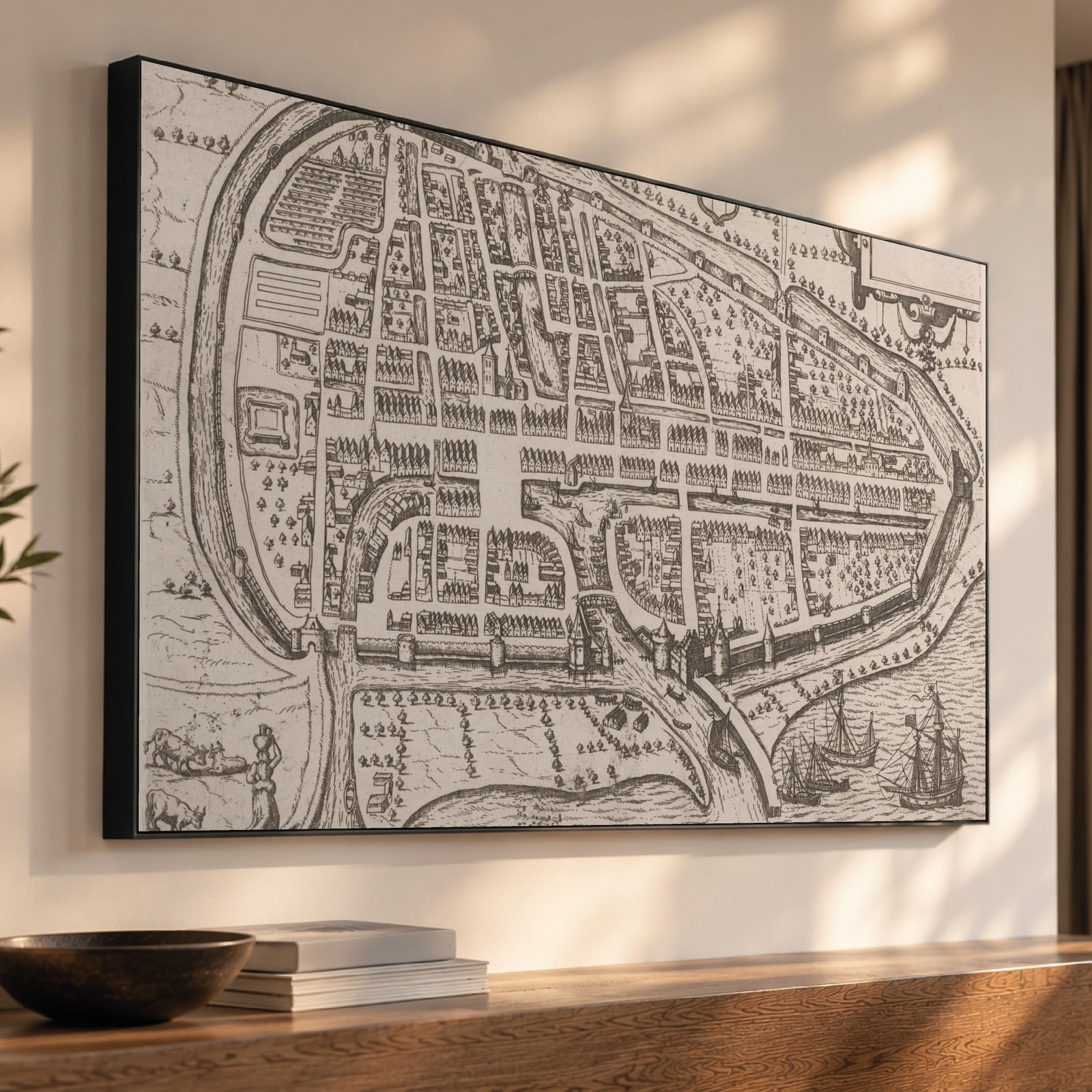 Plattegrond van Rotterdam (17e eeuw) als akoestisch paneel met Wallcoustic Frame™ in een interieur