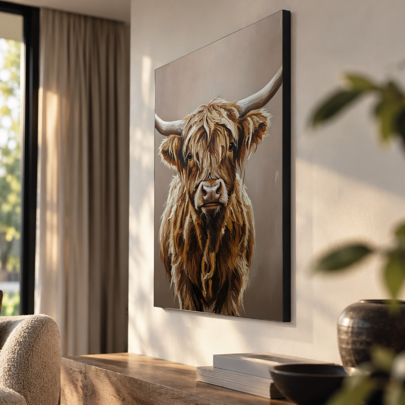 Schotse hooglander geschilderd als akoestisch paneel met Wallcoustic Frame™ in een woonkamer