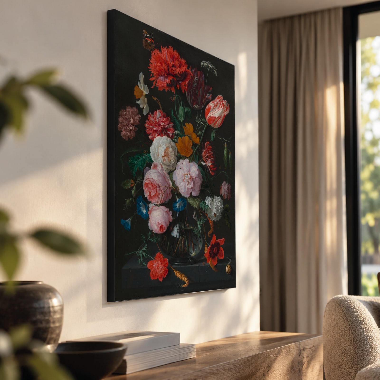 Stilleven met bloemen in een glazen vaas (De Heem) als akoestisch paneel met Wallcoustic Frame™ in een interieur