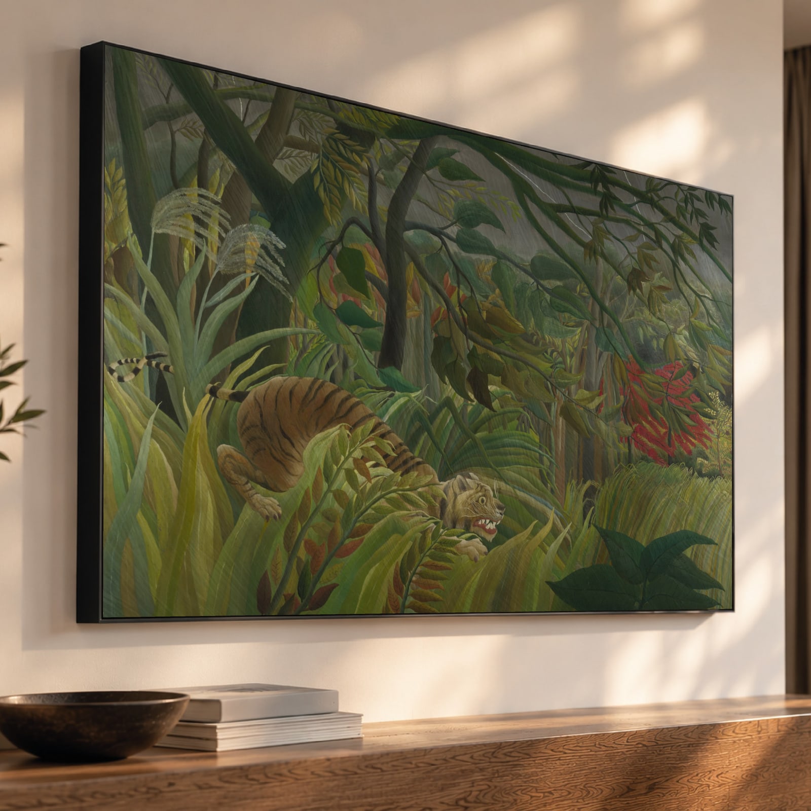 Tijger in een tropische storm (Rousseau) als akoestisch paneel met Wallcoustic Frame™ in een interieur
