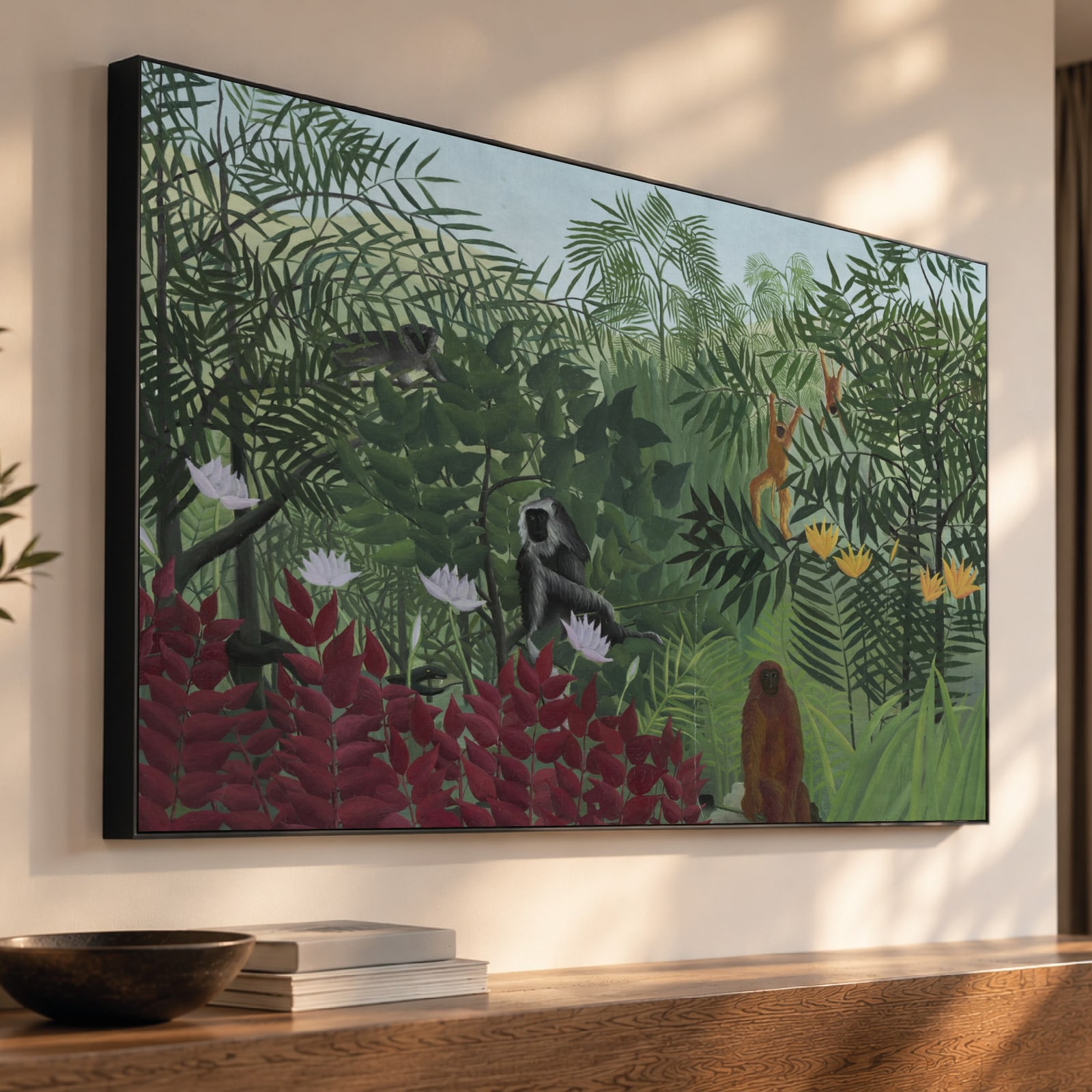 Tropisch woud met apen (Rousseau) als akoestisch paneel met Wallcoustic Frame™ in een interieur