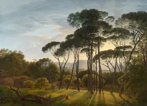 Italiaans landschap met parasoldennen als tuinposter